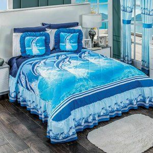 Blue Dolphins Print Microfiber Bedspread Set